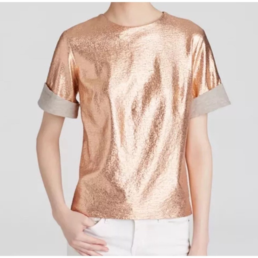 Misha Nonoo Eva Top Rose Gold Metallic Foil Gray Lined Size 4‎ Short Slee…